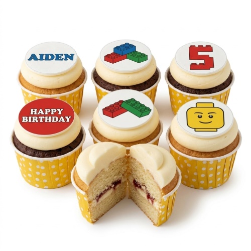 Lego theme birthday cupcakes with building blocks, a block character head, and customisable age and name toppers.