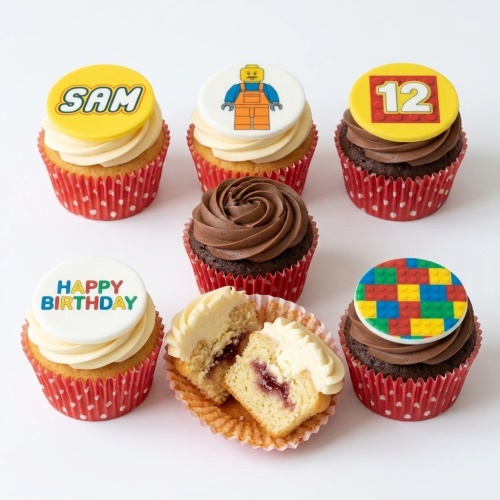 Vanilla and chocolate cupcakes with building block theme toppers, including custom age and name examples.