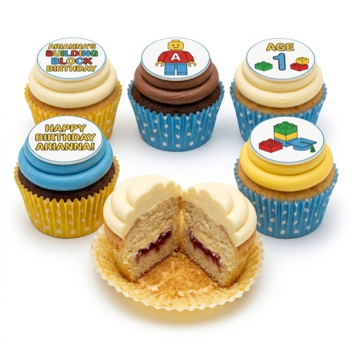 Kids birthday cupcakes with building block and minifigure toppers, featuring custom age and name examples.