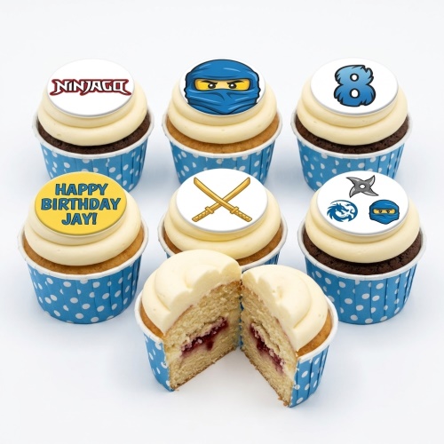 Ninjago themed cupcakes with blue wrappers, character toppers, swords, and custom age/message examples.