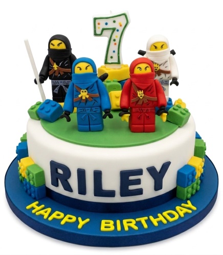 White round cake with four colourful ninja figures and building blocks, with a custom age candle and personalised message.