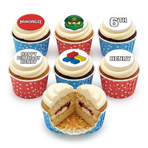 Ninjago themed birthday cupcakes with logo, green ninja character, Lego blocks, and custom age topper.