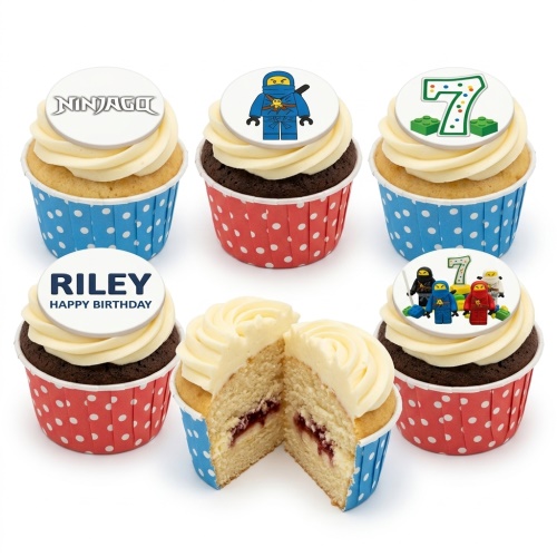 Ninjago themed birthday cupcakes with blue and red cases, featuring character and custom age toppers.