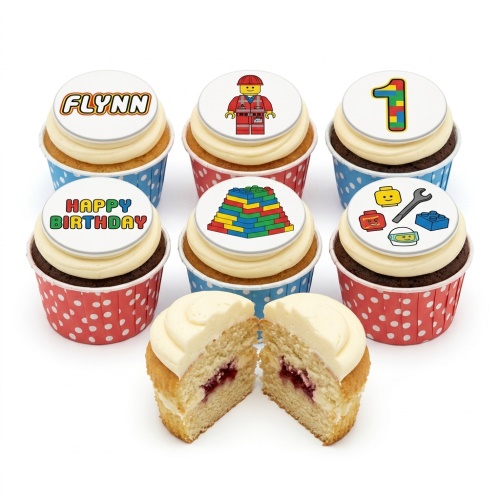 Lego theme birthday cupcakes with building blocks, minifigure, and custom name/age toppers.