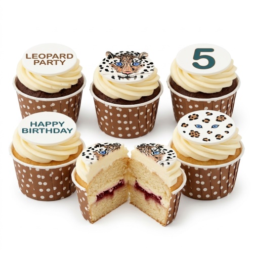 Leopard themed birthday cupcakes with face and spot toppers, custom age and messages