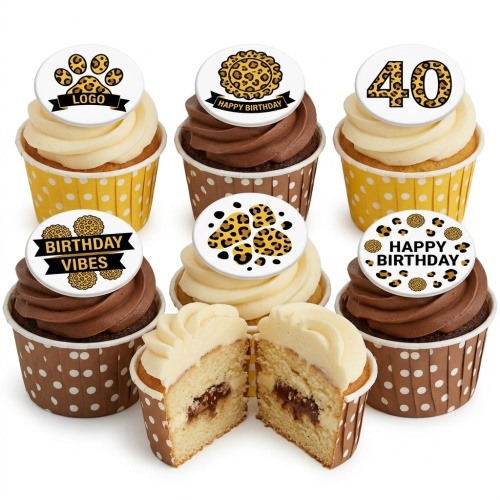 Leopard print birthday cupcakes with custom age topper and various animal print designs.