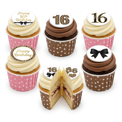 Set of 16th birthday cupcakes with leopard print '16' and 'Happy Birthday' toppers with black bows.