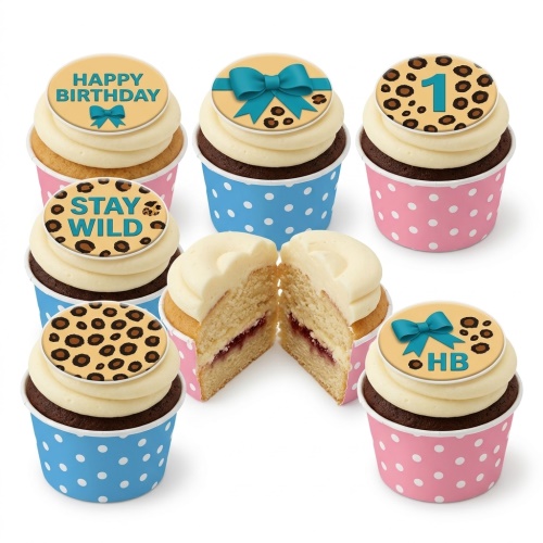 Leopard print cupcakes with cream frosting, some with teal bows and custom messages, and a custom age topper.