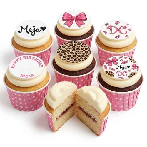 Set of cupcakes with pink polka dot cases, cream frosting, and edible toppers featuring leopard print, pink bows, and personalised messages.