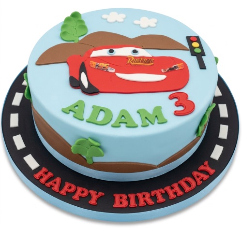 Round light blue Disney Cars Lightning McQueen birthday cake with custom name and age.
