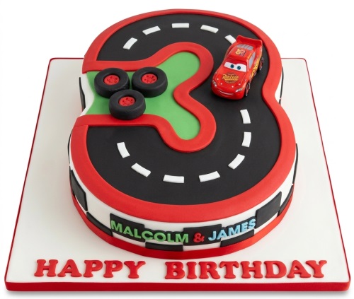 Number 3 shaped cake with a racing track, Lightning McQueen car, and three black tires.