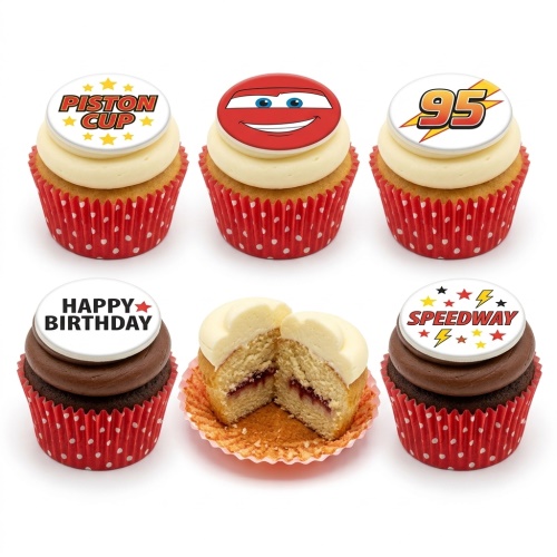 Set of six Disney Cars themed cupcakes with Lightning McQueen, Piston Cup, 95, Speedway, and Happy Birthday toppers on vanilla and chocolate sponges.