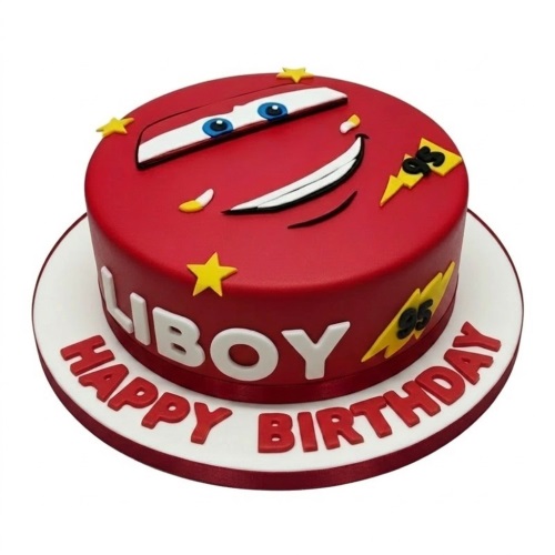 Red round Lightning McQueen birthday cake with 'Happy Birthday' message and custom name.