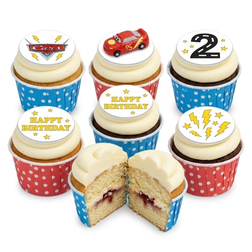 Lightning McQueen themed birthday cupcakes with custom age topper and 'Happy Birthday' messages in red and blue polka dot cases.