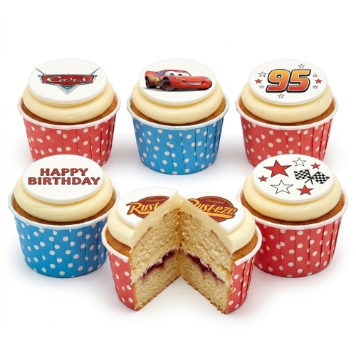 Set of Disney Cars themed cupcakes with Lightning McQueen, Cars logo, '95', and checkered flag toppers.