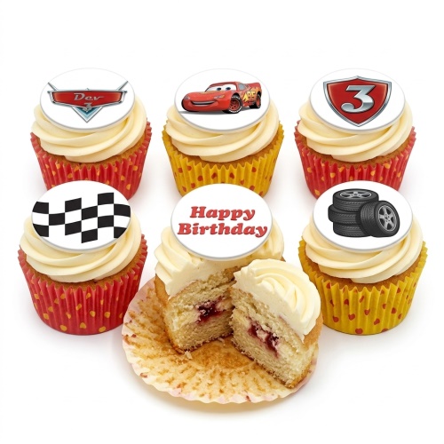 Cupcakes with Lightning McQueen, checkered flag, and tire toppers, with a 'Happy Birthday' message.