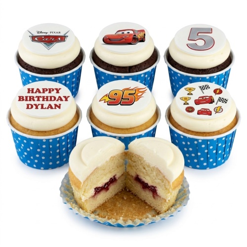 Disney Cars themed cupcakes with Lightning McQueen, racing elements, custom age topper, and personalised message example.