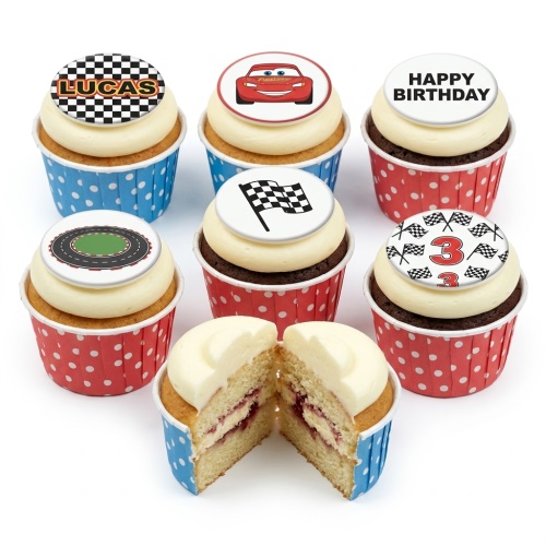 Racing car themed cupcakes with Lightning McQueen, checkered flags, and a race track design.