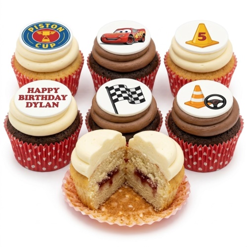 A selection of Disney Cars themed birthday cupcakes with Lightning McQueen, Piston Cup, racing flag, traffic cones, and a personalised message.