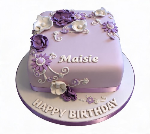 Square lilac birthday cake with purple and white fondant flowers and custom name.