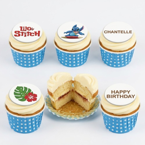Cupcakes with Lilo & Stitch logo, Stitch character, tropical leaf, and custom message toppers.