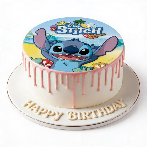 Round white cake with Disney Stitch edible image topper and pink drip icing, 'Happy Birthday' message.