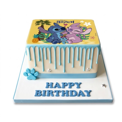 Square Disney Lilo & Stitch birthday cake with edible image of Stitch and Angel, blue drip icing, and 'Happy Birthday' message.