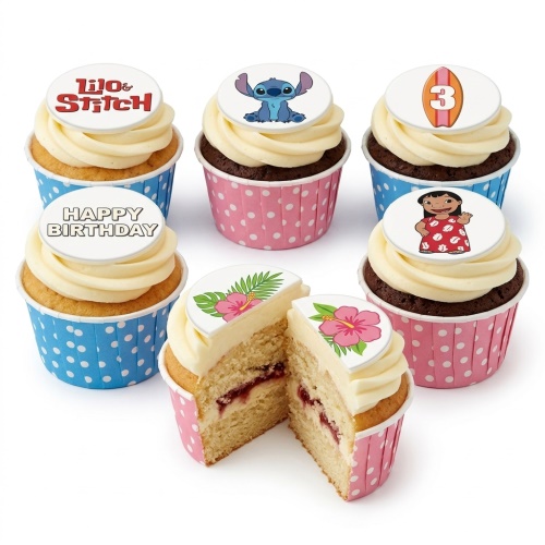 Lilo & Stitch themed birthday cupcakes with Stitch, Lilo, surfboard, tropical flowers and Happy Birthday message.