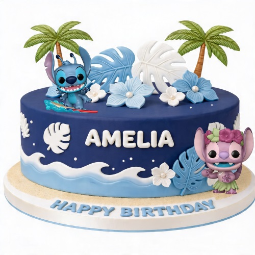 Round blue Lilo & Stitch birthday cake with Stitch and Angel figurines, palm trees, tropical leaves, and a custom name.