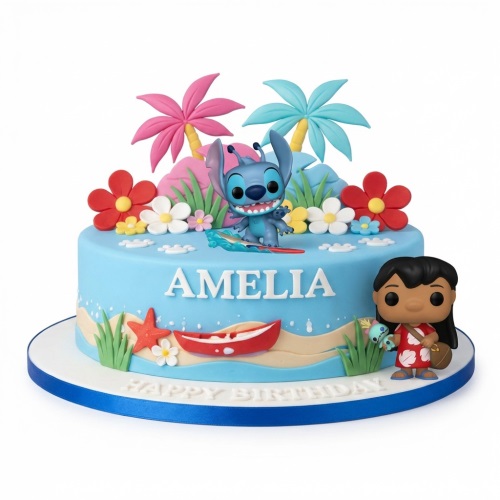 Lilo & Stitch themed birthday cake with Stitch and Lilo figures, palm trees, and flowers.