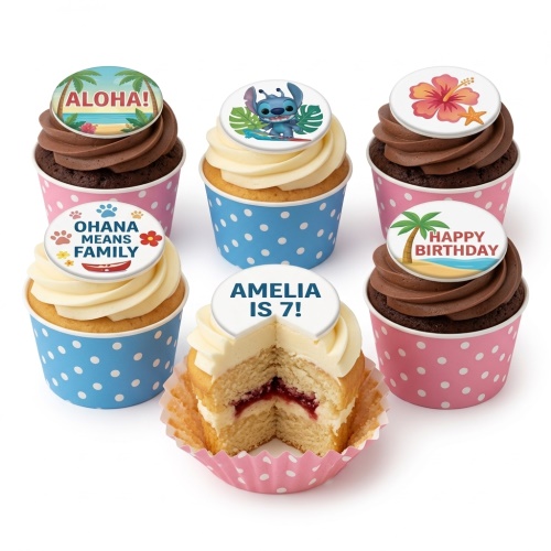 Lilo and Stitch themed cupcakes with tropical designs, "Aloha" and "Happy Birthday" toppers.