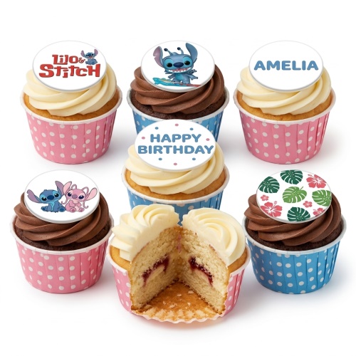 Lilo & Stitch themed cupcakes with vanilla and chocolate frosting, character toppers, tropical leaves, and a personalised birthday message.