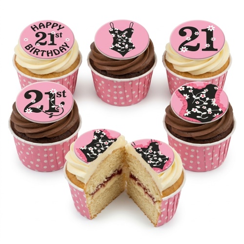Pink and black 21st birthday cupcakes with dress and '21st' toppers, some with vanilla, some with chocolate frosting.