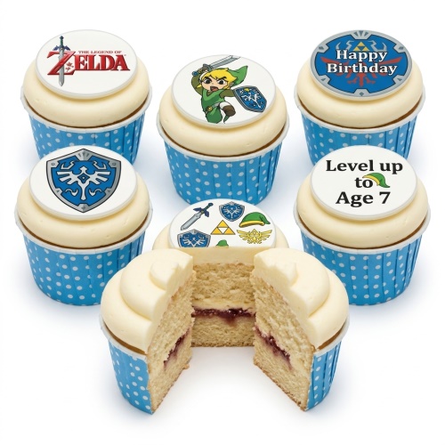 Legend of Zelda themed cupcakes with Link, Hylian shield, and custom age topper.