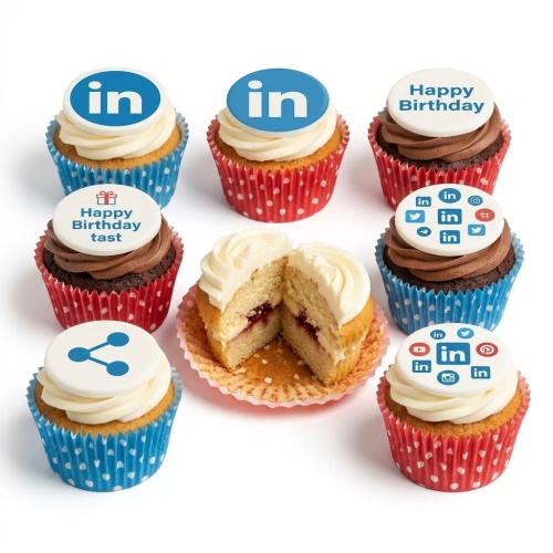 Cupcakes with social media logos, LinkedIn toppers, share icon, and 'Happy Birthday' messages.