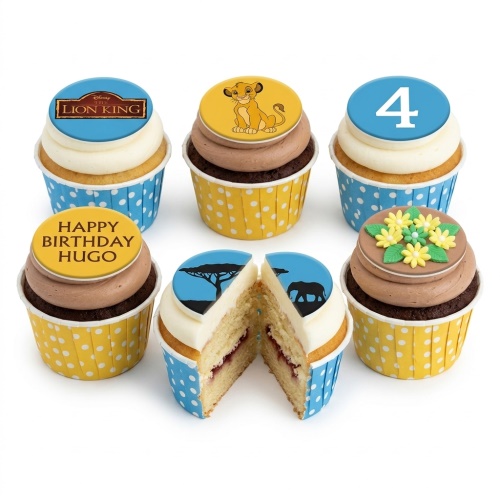 Disney Lion King themed cupcakes with Simba, logo, safari silhouettes, and floral toppers, with custom age and personalised message examples.