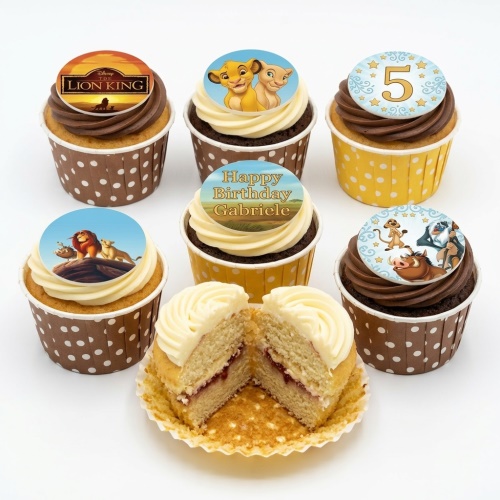 Disney Lion King themed cupcakes with character toppers and a custom age '5' topper.