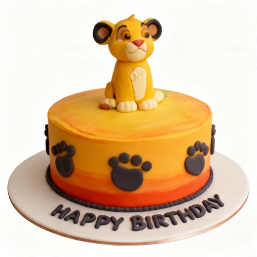 Round single-tier Lion King Simba birthday cake with orange and yellow ombre icing, 3D Simba topper, and black paw prints.