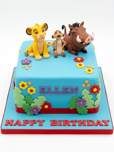 Square blue The Lion King birthday cake with Simba, Timon, Pumbaa figures and colourful flowers.