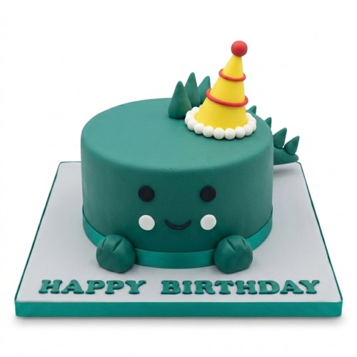 Green dinosaur birthday cake with a yellow party hat and 'Happy Birthday' message on the board.
