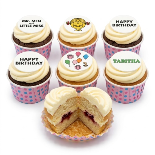 Mr Men Little Miss themed cupcakes with buttercream, featuring Little Miss Sunshine, balloons, gifts, and custom messages.