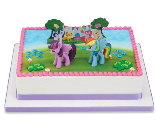 Rectangular My Little Pony birthday cake with Twilight Sparkle and Rainbow Dash figures