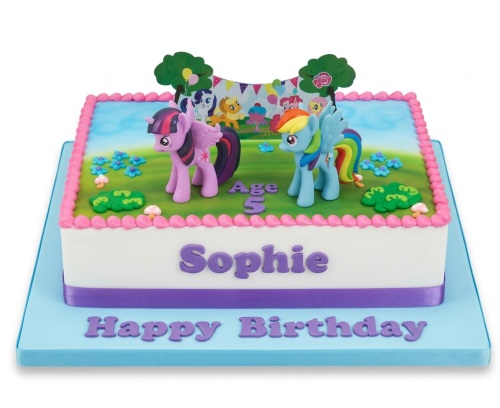 My Little Pony birthday cake with Twilight Sparkle and Rainbow Dash figures, custom age and name