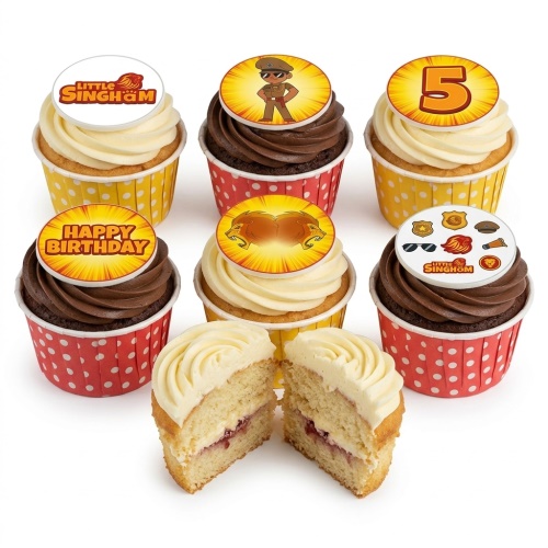 Little Singham themed birthday cupcakes with character toppers, "Happy Birthday" message, and custom age '5' topper.