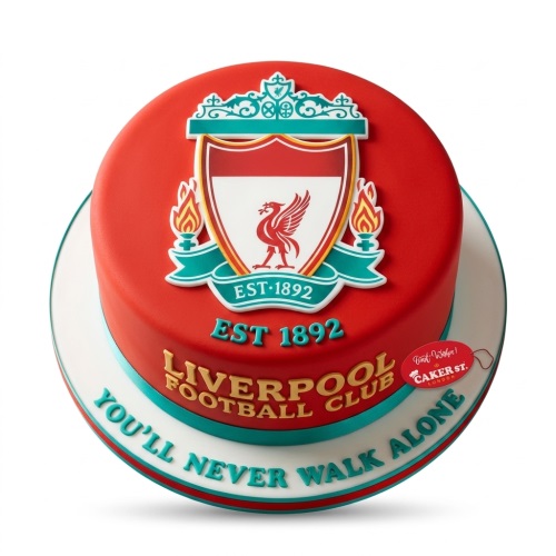 Round red Liverpool Football Club birthday cake with white and teal LFC crest and 'You'll Never Walk Alone' slogan.