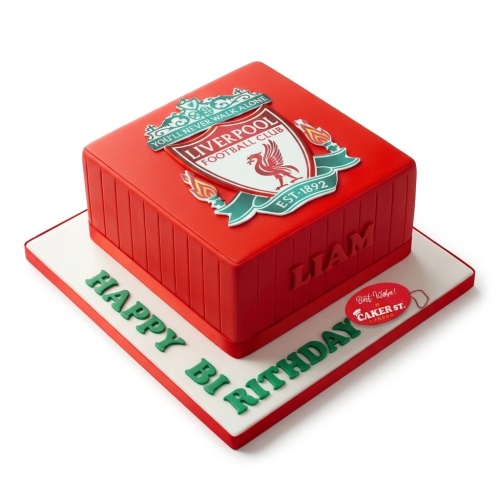 Square red Liverpool FC football birthday cake with club crest and custom message.