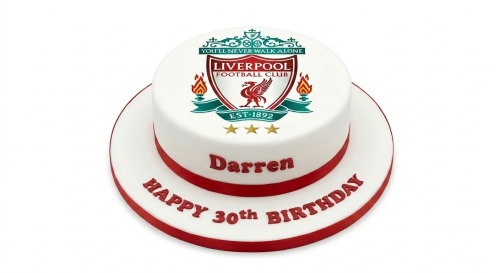 White round Liverpool FC birthday cake with custom name and age.