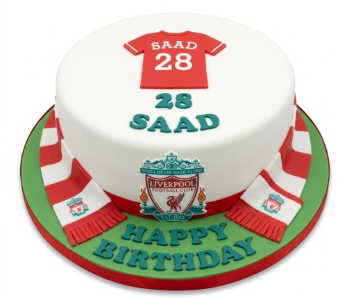 Round white fondant cake with red Liverpool FC jersey, club crest, and red and white scarf decoration.