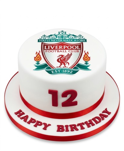 Round white fondant cake with Liverpool FC crest on top, red ribbon, and custom age '12' with 'Happy Birthday' message.