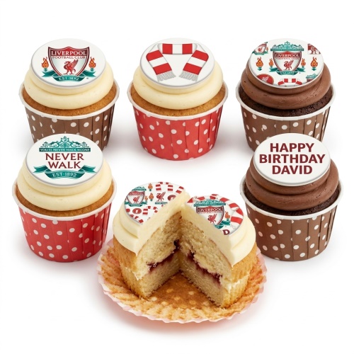 Liverpool FC themed cupcakes with club crest, scarf, and personalised birthday message toppers.